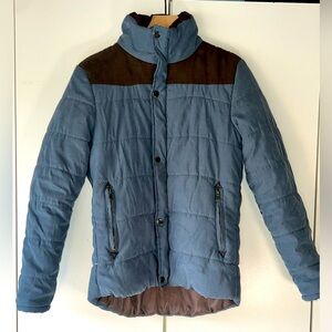 Eighteen Acres western style puffy jacket women’s xl, blue w/ brown vegan suede